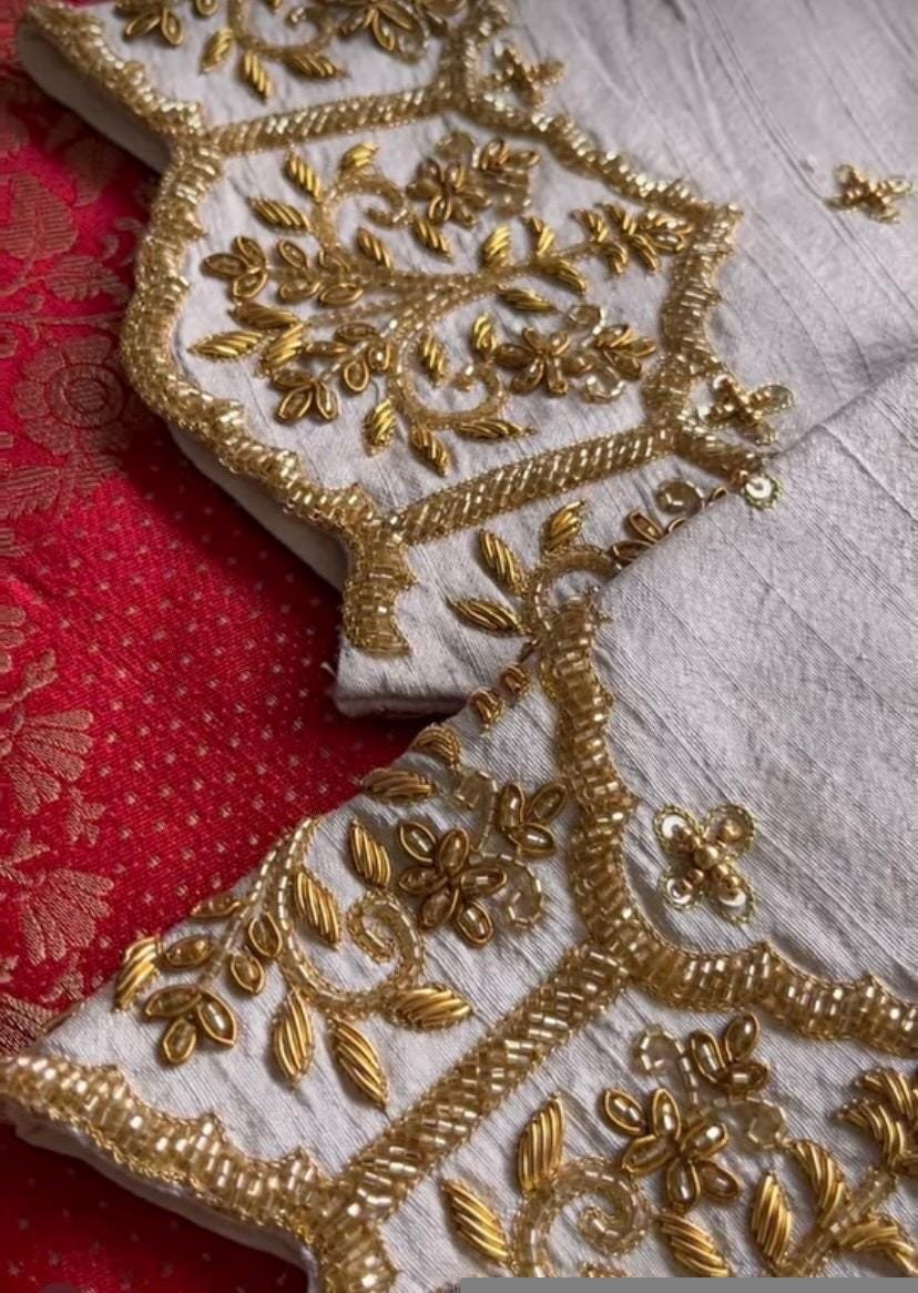 pure silk hand embroidery blouse/cream saree maggam blouse/raw silk zardosi blouse/hand embroidered blouse/cream ready made blouse zardosi