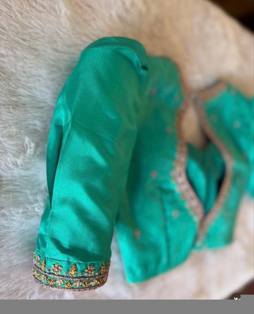 pure silk hand embroidery blouse/saree maggam blouse/ zardosi blouse/turquoise green embroidered blouse/sea green ready made blouse zardosi