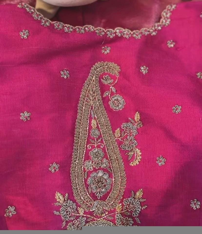 pure silk hand embroidery blouse/saree maggam blouse/hot pink zardosi blouse/hand embroidered blouse /magenta pink ready made blouse zardosi