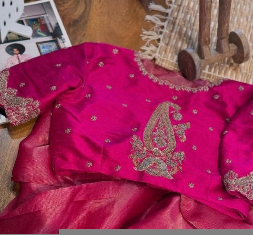 pure silk hand embroidery blouse/saree maggam blouse/hot pink zardosi blouse/hand embroidered blouse /magenta pink ready made blouse zardosi