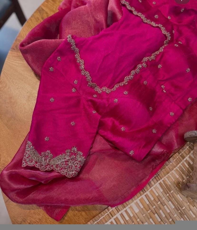 pure silk hand embroidery blouse/saree maggam blouse/hot pink zardosi blouse/hand embroidered blouse /magenta pink ready made blouse zardosi