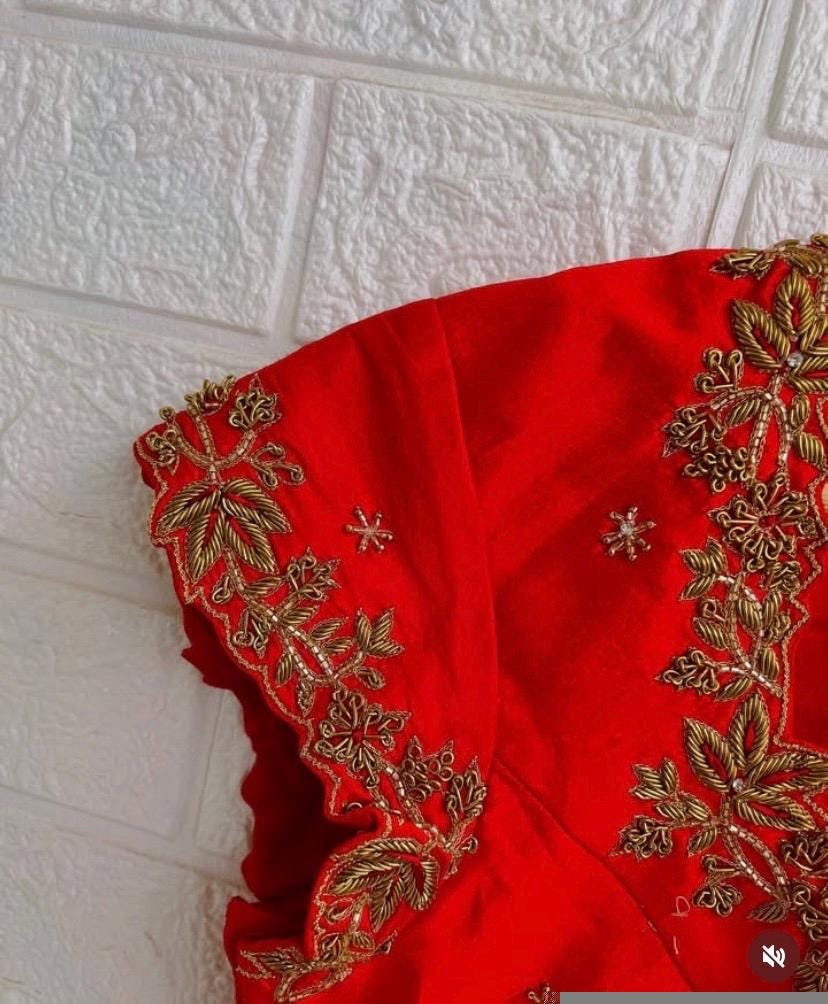 pure silk hand embroidery blouse/short sleeve maggam blouse/raw silk zardosi blouse/hand embroidered blouse/red ready made blouse zardosi