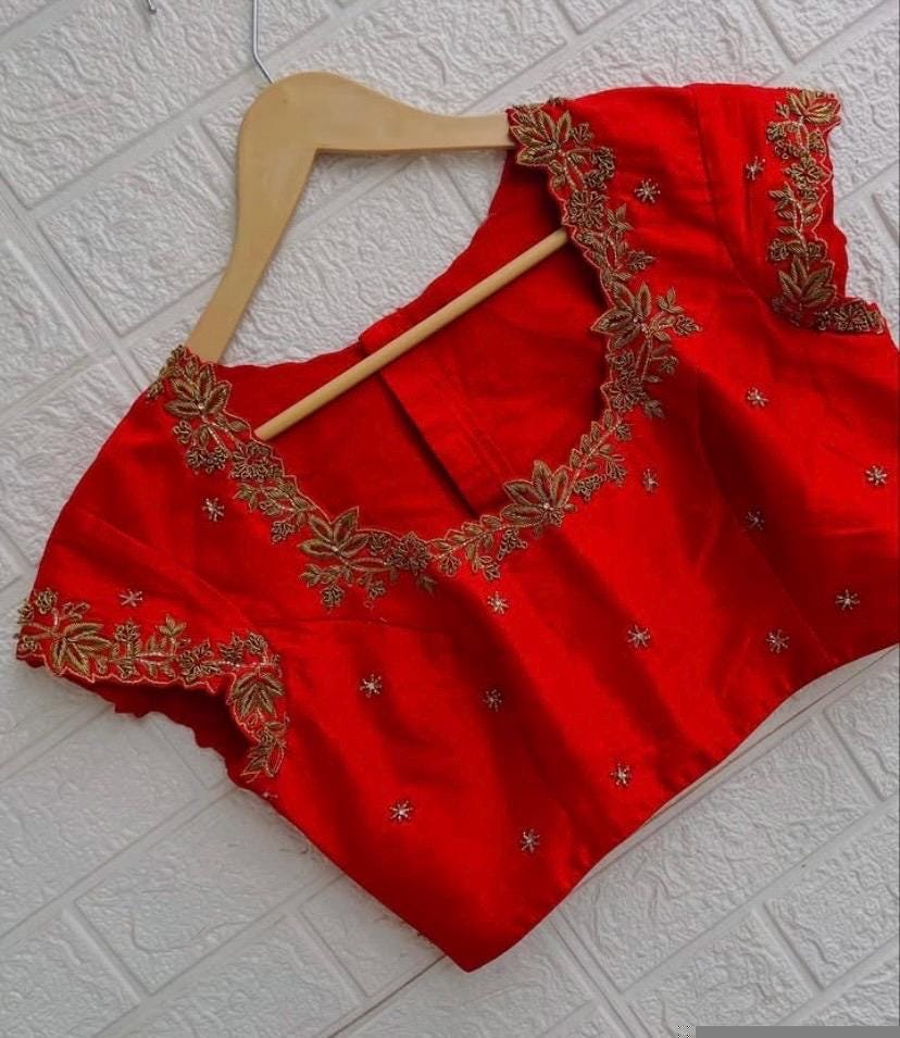 pure silk hand embroidery blouse/short sleeve maggam blouse/raw silk zardosi blouse/hand embroidered blouse/red ready made blouse zardosi