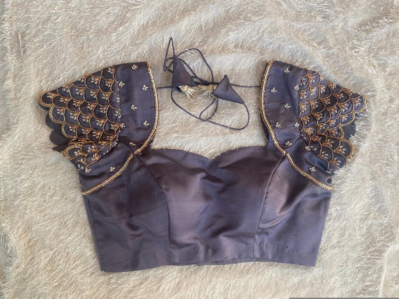 Gray Raw Silk Saree Blouse: Hand Embroidered Zardosi Crop Top