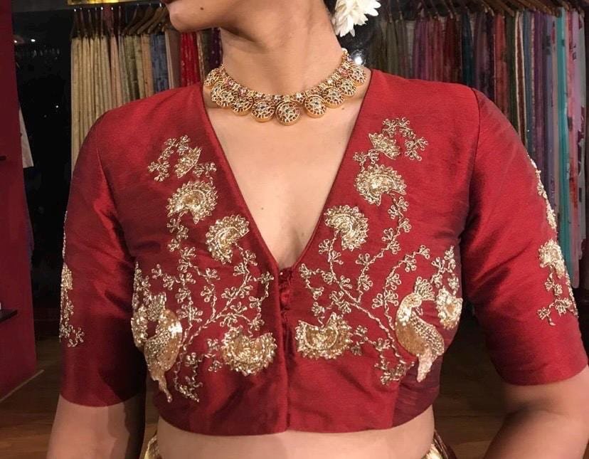 pure silk hand embroidery blouse/saree maggam blouse/red zardosi blouse/maroon red hand embroidered blouse/darkred ready made blouse zardosi