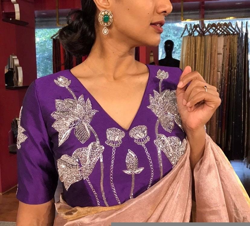 pure silk hand embroidery blouse/saree maggam blouse/purple zardosi blouse/purple hand embroidered blouse/purple ready made blouse zardosi