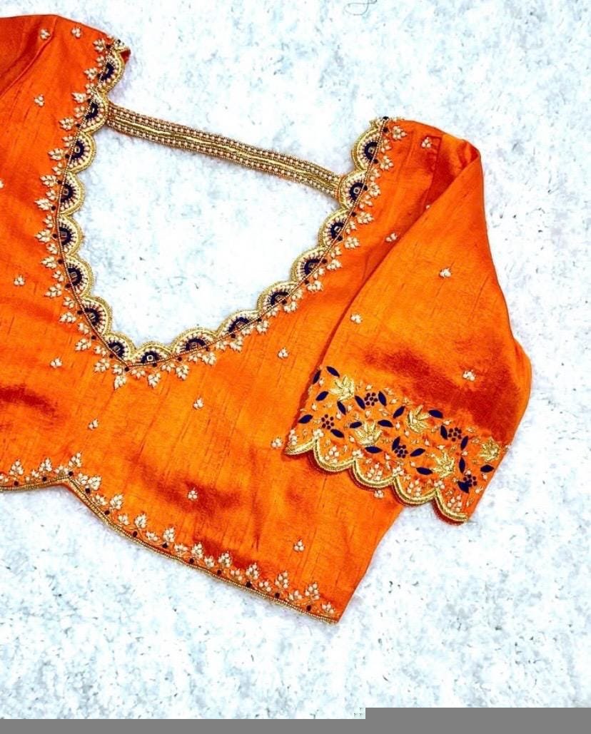 pure silk hand embroidery blouse/orange saree maggam blouse/raw silk zardosi blouse/hand embroidered blouse/ready made blouse/orange blouse