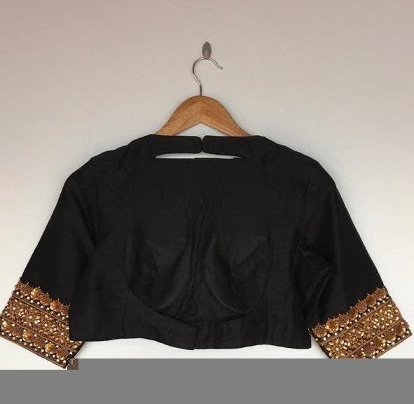 pure silk hand embroidery blouse/black maggam blouse/raw silk zardosi blouse/hand embroidered blouse/black high neck ready made blouse usa