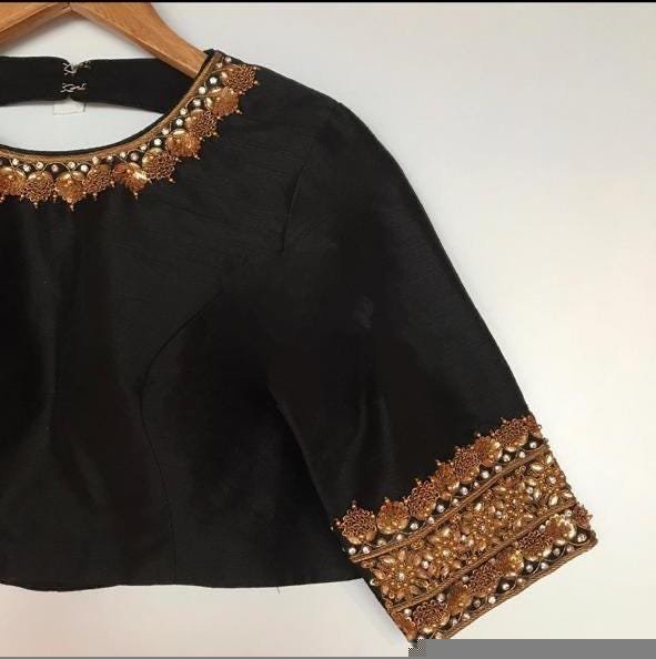 pure silk hand embroidery blouse/black maggam blouse/raw silk zardosi blouse/hand embroidered blouse/black high neck ready made blouse usa