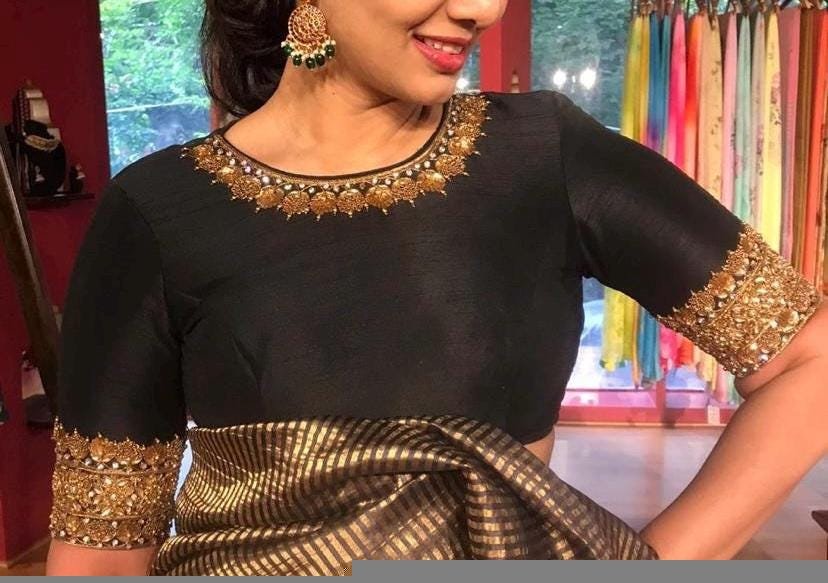 pure silk hand embroidery blouse/black maggam blouse/raw silk zardosi blouse/hand embroidered blouse/black high neck ready made blouse usa