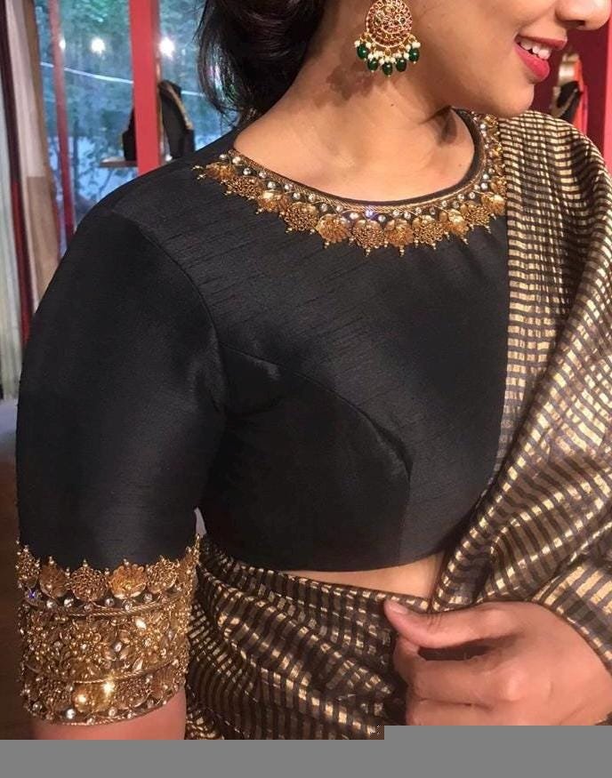 pure silk hand embroidery blouse/black maggam blouse/raw silk zardosi blouse/hand embroidered blouse/black high neck ready made blouse usa