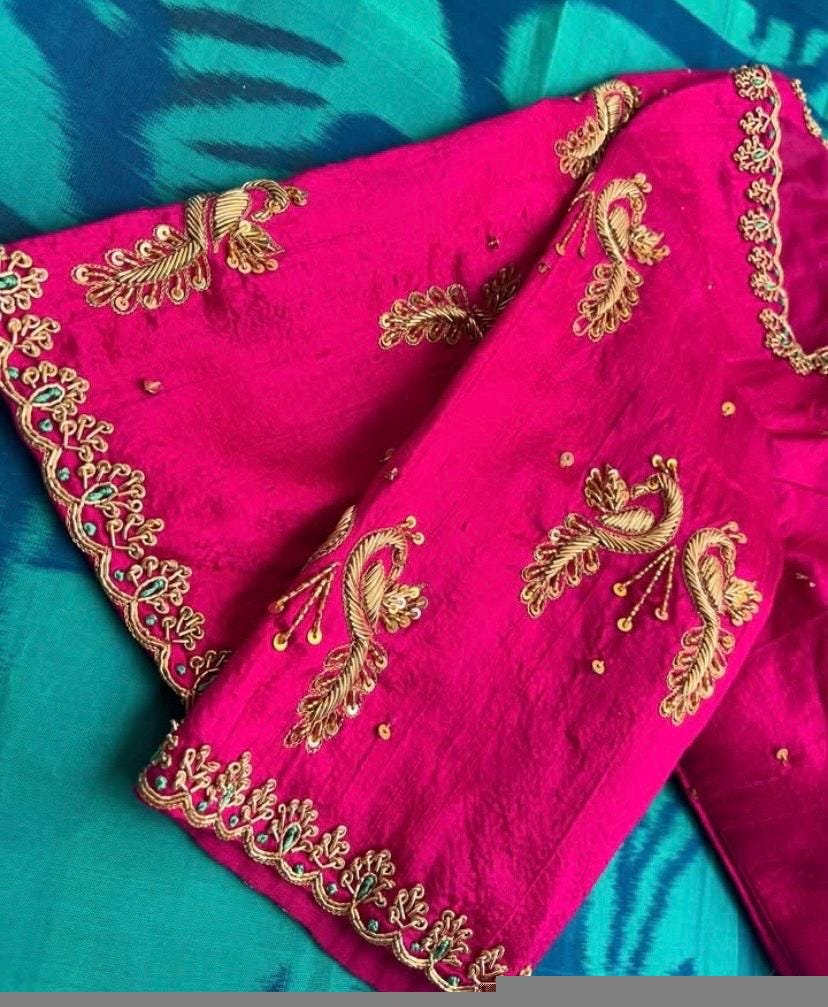 Pink pure silk hand embroidery blouse/readymade maggam blouse/pink saree blouse/ hand embroidered blouse /ready made handmade blouse zardosi