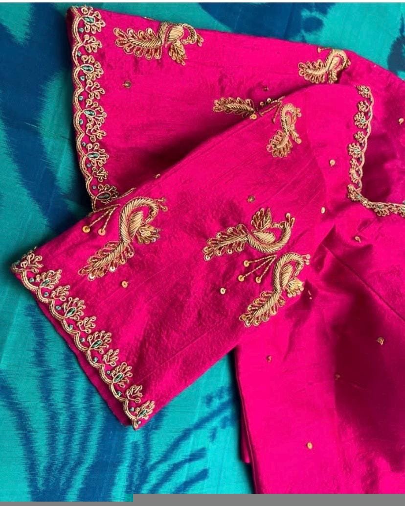 Pink pure silk hand embroidery blouse/readymade maggam blouse/pink saree blouse/ hand embroidered blouse /ready made handmade blouse zardosi