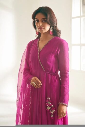 Hand Embroidered Chanderi Anarkali Suit: Pink Wrap Kurta with Dupatta