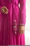 Hand Embroidered Chanderi Anarkali Suit: Pink Wrap Kurta with Dupatta
