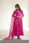 Hand Embroidered Chanderi Anarkali Suit: Pink Wrap Kurta with Dupatta