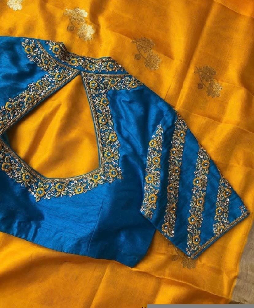 Hand Embroidered Raw Silk Blouse: Blue Zardosi Maggam Work
