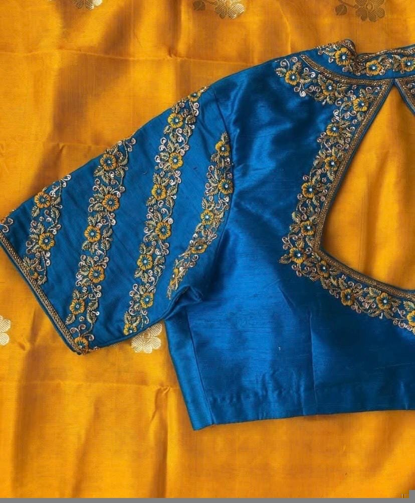 Hand Embroidered Raw Silk Blouse: Blue Zardosi Maggam Work