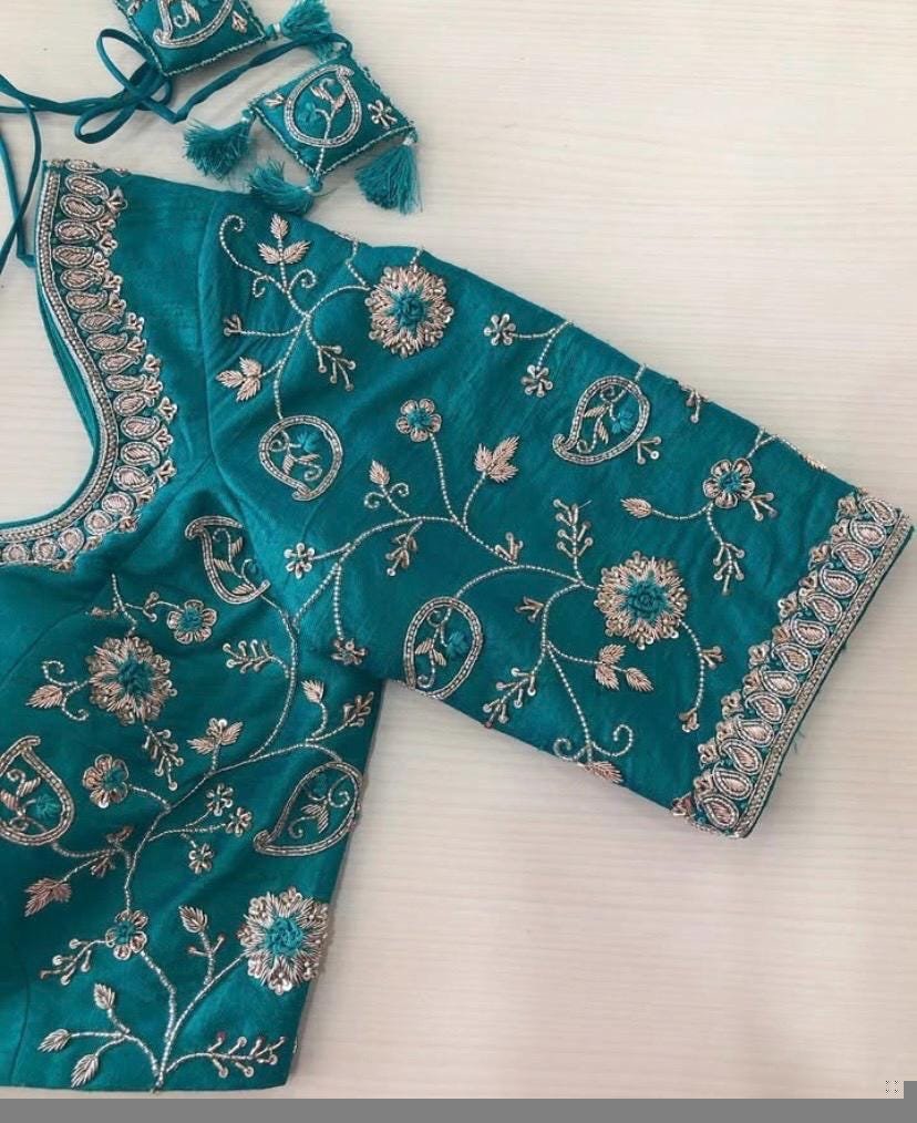 pure silk hand embroidery blouse/saree maggam blouse/blue zardosi blouse/turquoise blue embroidered blouse/blue ready made blouse zardosi