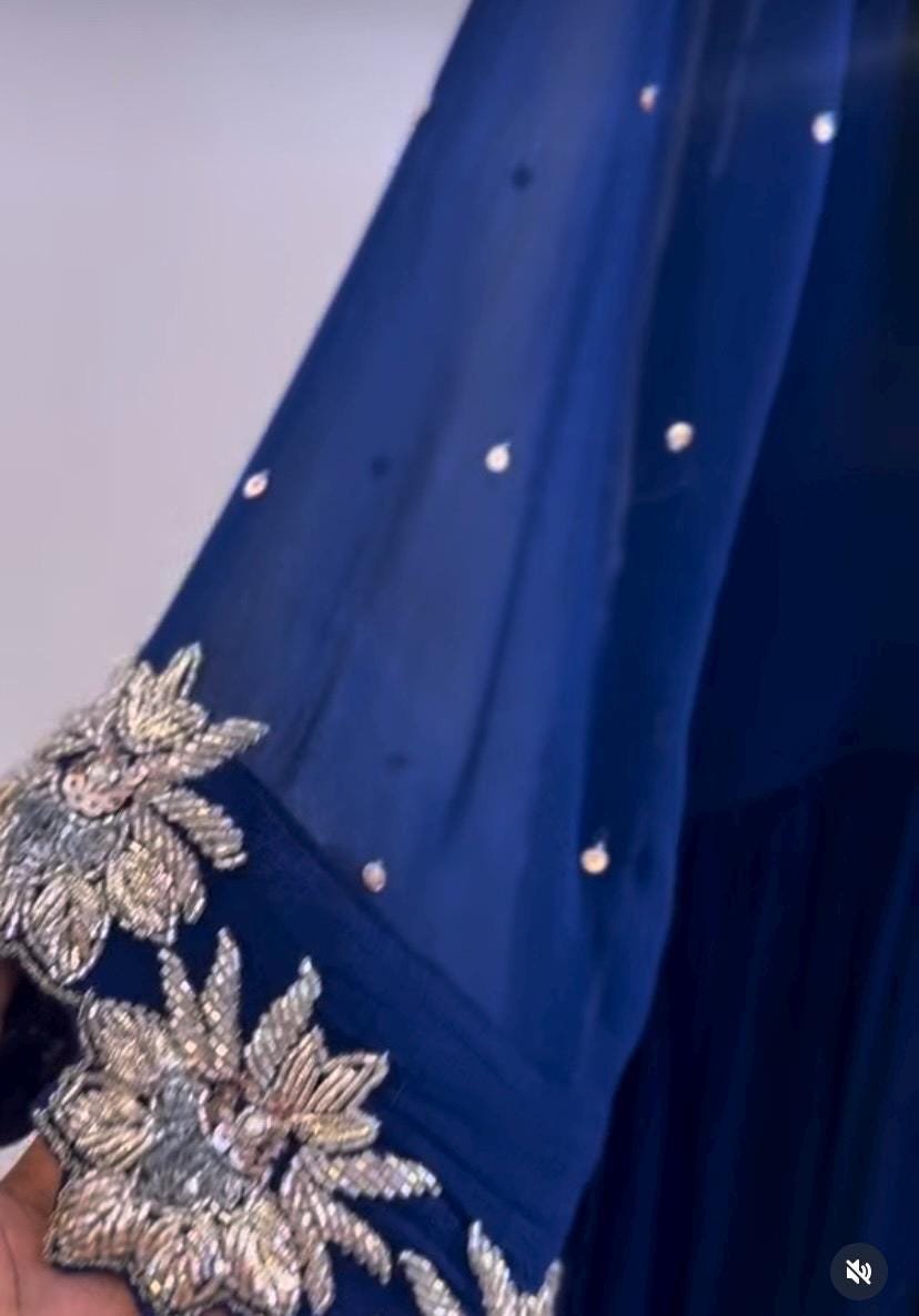 Hand embroidered Anarkali/royal blue anarkali suit/blue georgette anarkali with pant USA/Indian dresses/blue anarkali with polazzo set usa