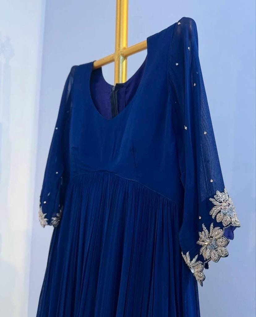 Hand embroidered Anarkali/royal blue anarkali suit/blue georgette anarkali with pant USA/Indian dresses/blue anarkali with polazzo set usa