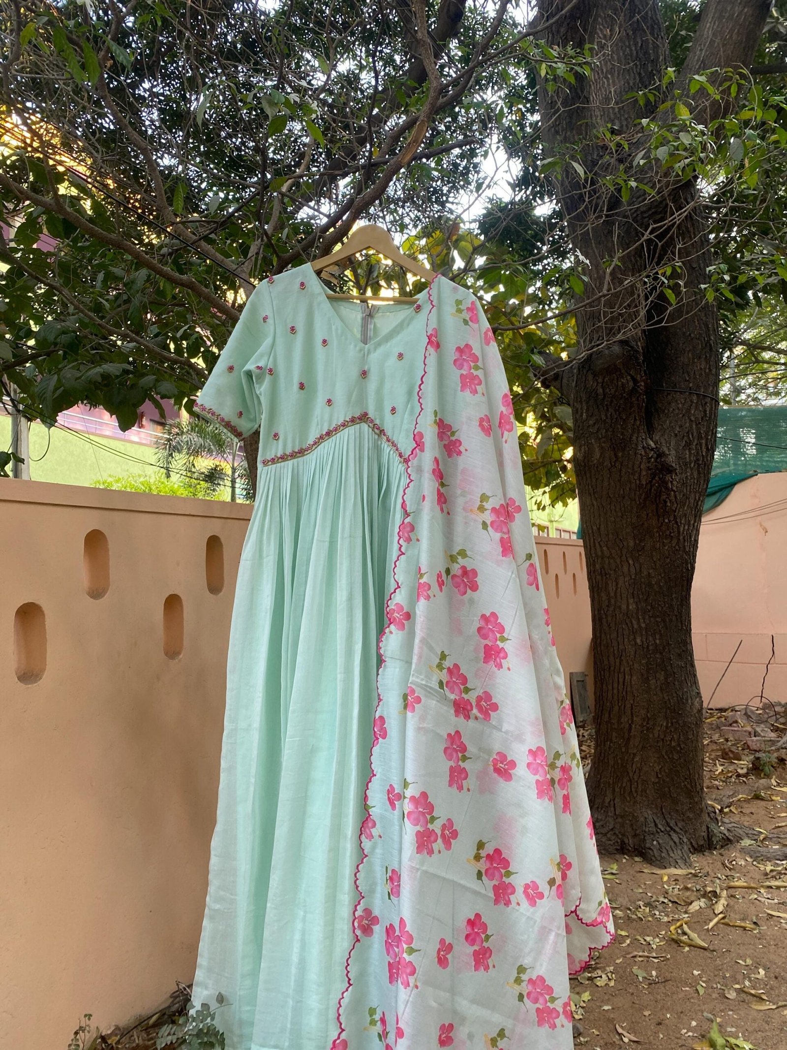 Anarkali with floral dupatta/anarkali suit set/ice blue anarkali/summer anarkali dupatta USA/floral embroidery dupatta/ Indian summer kurta