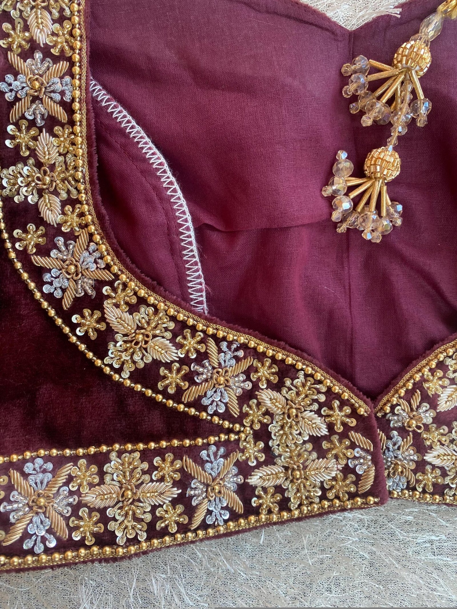 pure velvet hand embroidery blouse/neck maggam blouse/brown zardosi blouse/velvet hand embroidered blouse/burgundy velvet ready made blouse