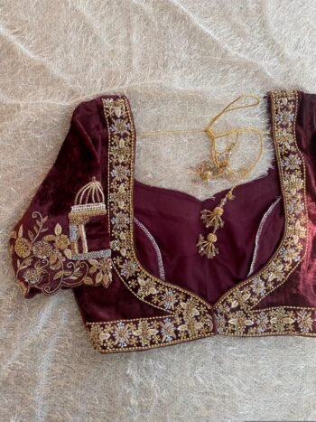pure velvet hand embroidery blouse/neck maggam blouse/brown zardosi blouse/velvet hand embroidered blouse/burgundy velvet ready made blouse