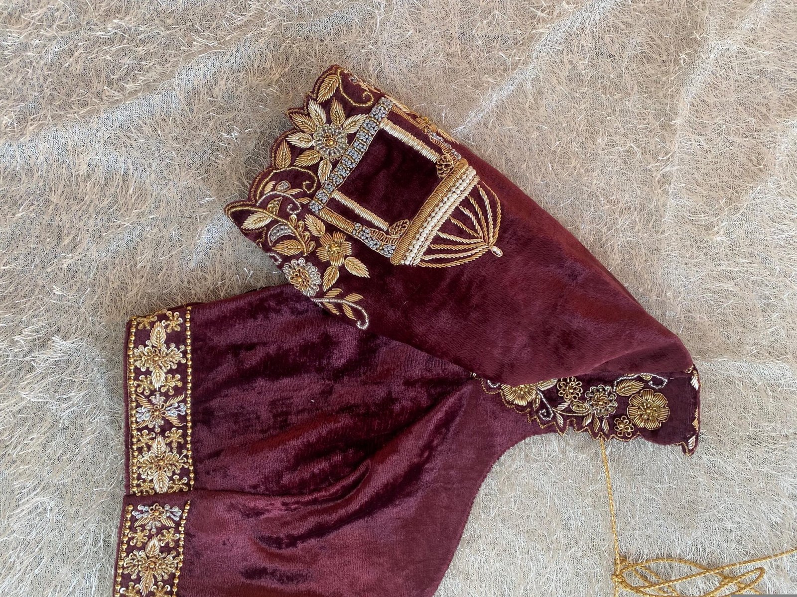 pure velvet hand embroidery blouse/neck maggam blouse/brown zardosi blouse/velvet hand embroidered blouse/burgundy velvet ready made blouse