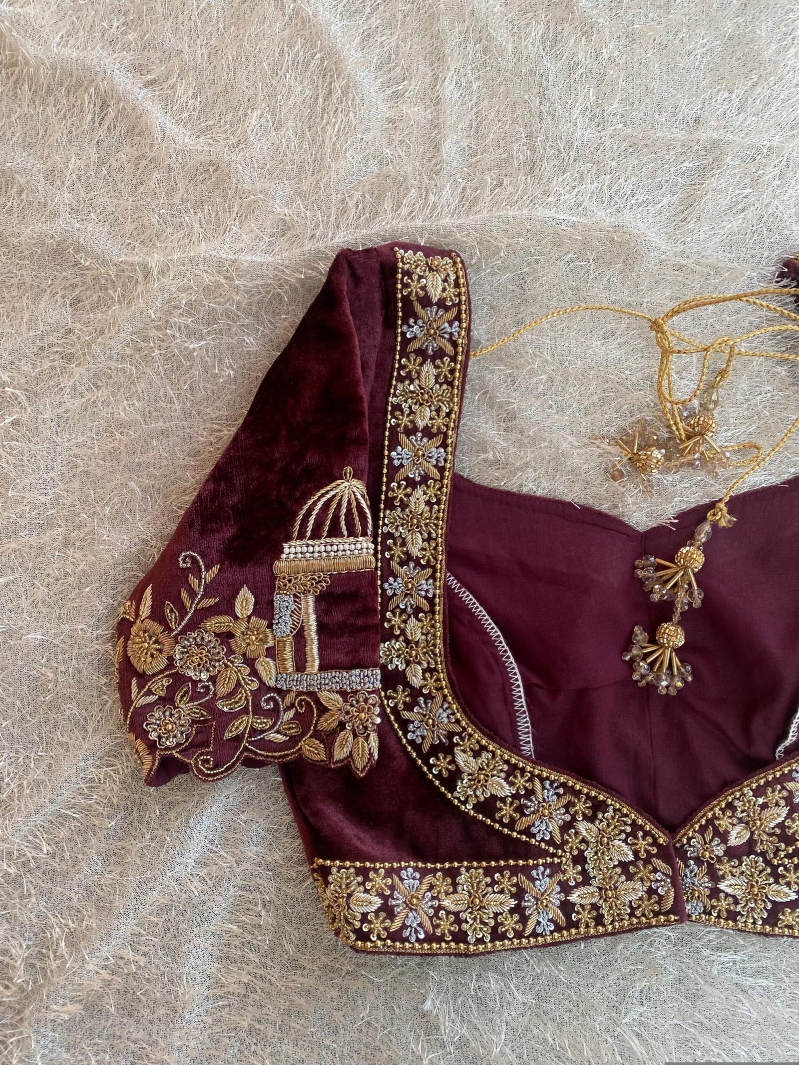 pure velvet hand embroidery blouse/neck maggam blouse/brown zardosi blouse/velvet hand embroidered blouse/burgundy velvet ready made blouse