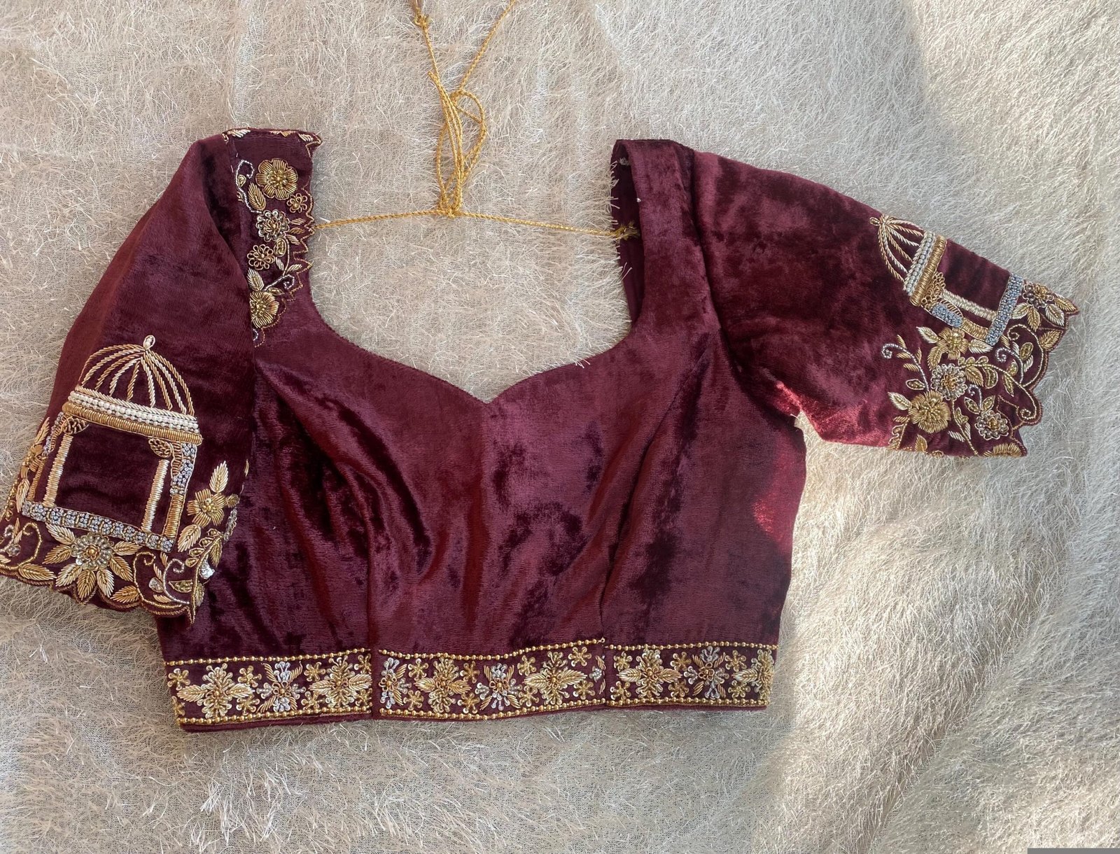 pure velvet hand embroidery blouse/neck maggam blouse/brown zardosi blouse/velvet hand embroidered blouse/burgundy velvet ready made blouse