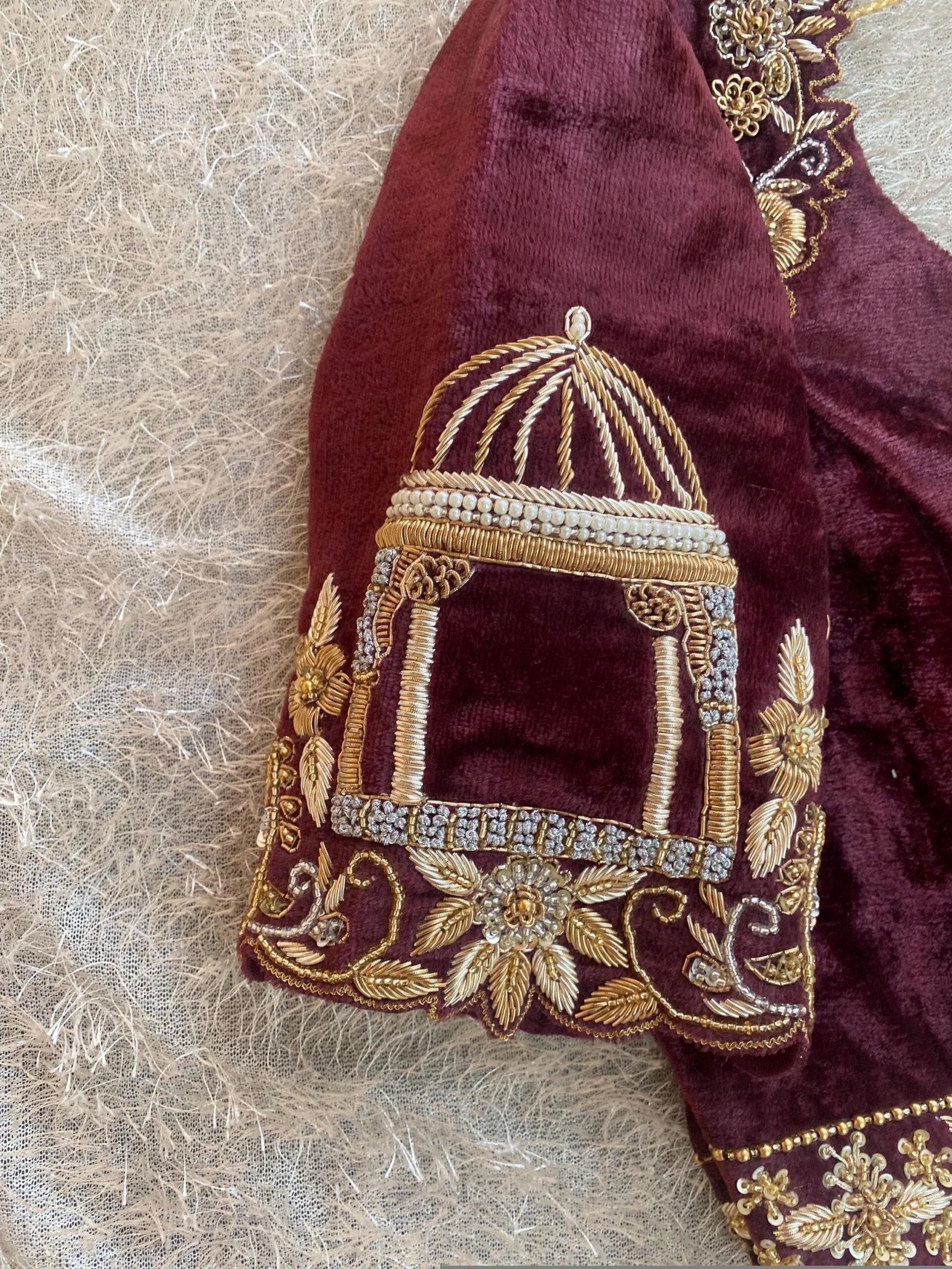 pure velvet hand embroidery blouse/neck maggam blouse/brown zardosi blouse/velvet hand embroidered blouse/burgundy velvet ready made blouse
