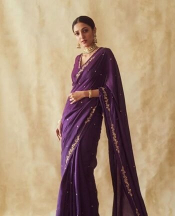 Purple hand work saree with blouse|purple embroidered saree with ready blouse|purpleheavy blouse|embroidered blouse with saree|scallop saree