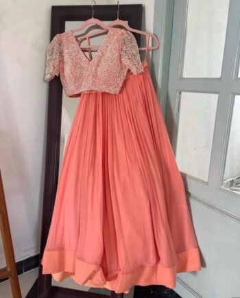 Women’s lehenga set/peach croptop lehenga/Indian crop top skirt hand embroidered lehenga set dupatta/peach lehenga choli with dupatta us