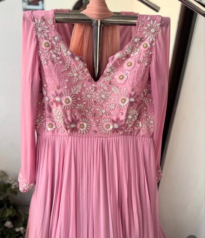 Anarkali suit usa/pink anarkali kurta full sleeve/pink sleeve anarkali/onion pink anarkali/heavy hand embroidered anarkali with dupatta usa