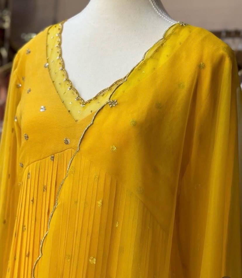 Hand embroidered Anarkali with pants/anarkali suit set/anarkali wit dupatta USA/lemon yellow kurta with dupatta/lemon yellow anarkali dress