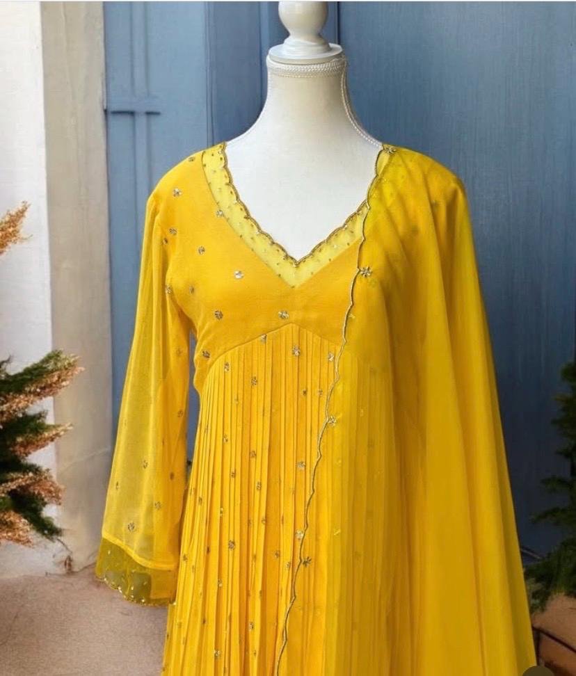 Hand embroidered Anarkali with pants/anarkali suit set/anarkali wit dupatta USA/lemon yellow kurta with dupatta/lemon yellow anarkali dress