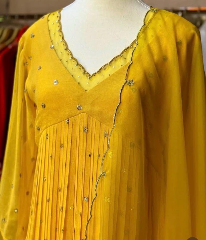 Hand embroidered Anarkali with pants/anarkali suit set/anarkali wit dupatta USA/lemon yellow kurta with dupatta/lemon yellow anarkali dress