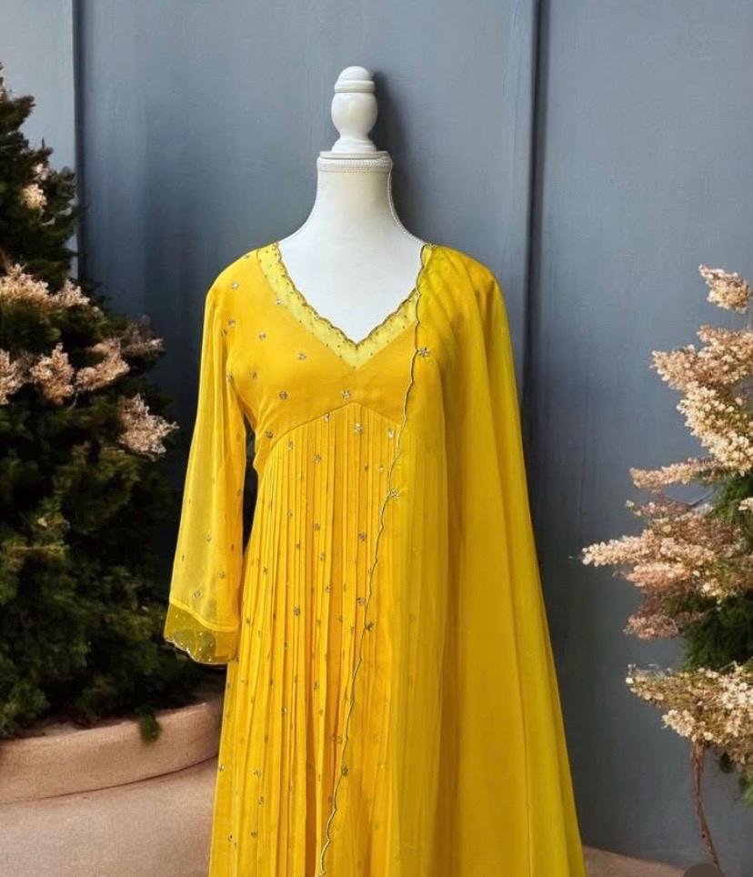 Hand embroidered Anarkali with pants/anarkali suit set/anarkali wit dupatta USA/lemon yellow kurta with dupatta/lemon yellow anarkali dress