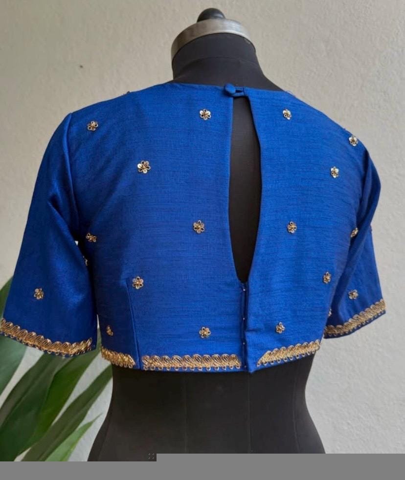 Navy blue silk hand embroidery blouse/blue saree maggam work blouse/blue saree blouse/hand embroidered blouse/blue ready made blouse zardosi