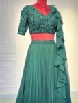 Women’s lehenga set/green croptop lehenga/Indian crop top skirt USA/hand embroideredwedding lehenga USA/green silk skirt/green ruffle leheng