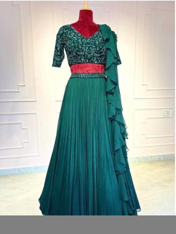 Women’s lehenga set/green croptop lehenga/Indian crop top skirt USA/hand embroideredwedding lehenga USA/green silk skirt/green ruffle leheng