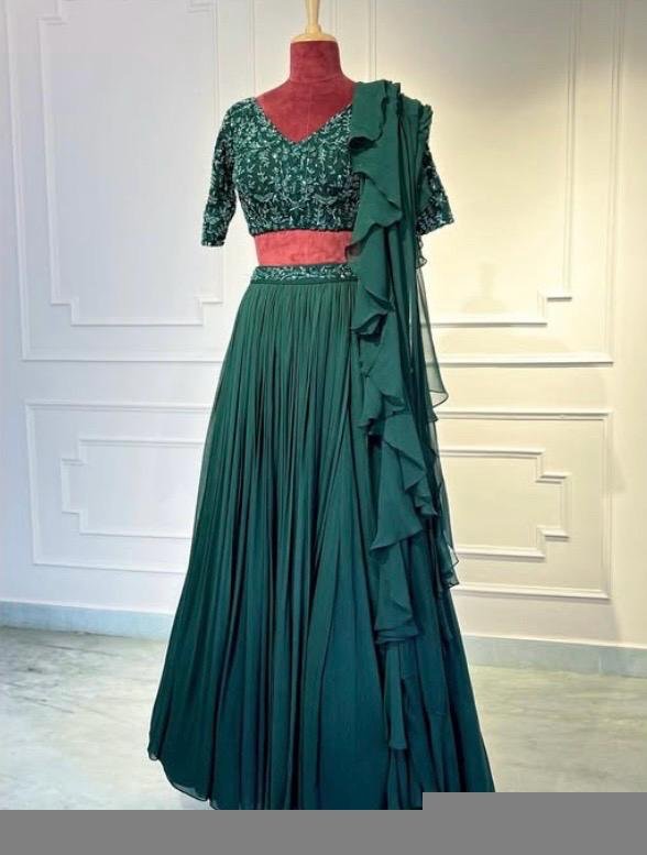 Women’s lehenga set/green croptop lehenga/Indian crop top skirt USA/hand embroideredwedding lehenga USA/green silk skirt/green ruffle leheng