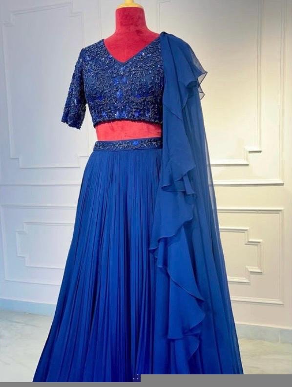 Women’s lehenga set/blue croptop lehenga/Indian crop top skirt USA/hand embroidered wedding lehenga USA/blue silk skirt/royalblue lehenga