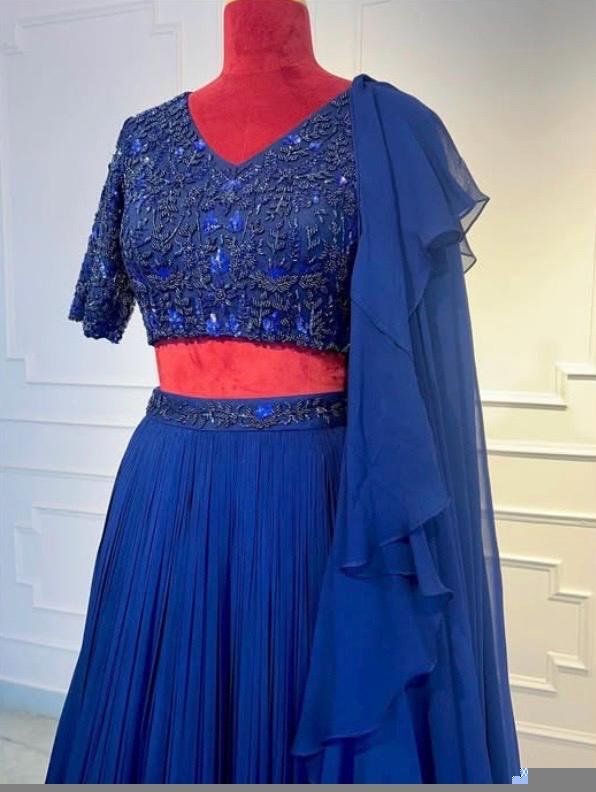 Women’s lehenga set/blue croptop lehenga/Indian crop top skirt USA/hand embroidered wedding lehenga USA/blue silk skirt/royalblue lehenga