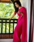 Pink satin chiffon silk saree with hand Embroidered blouse/hand embroidered saree with ready blouse|sarees USA|hotpink embroidery silk saree