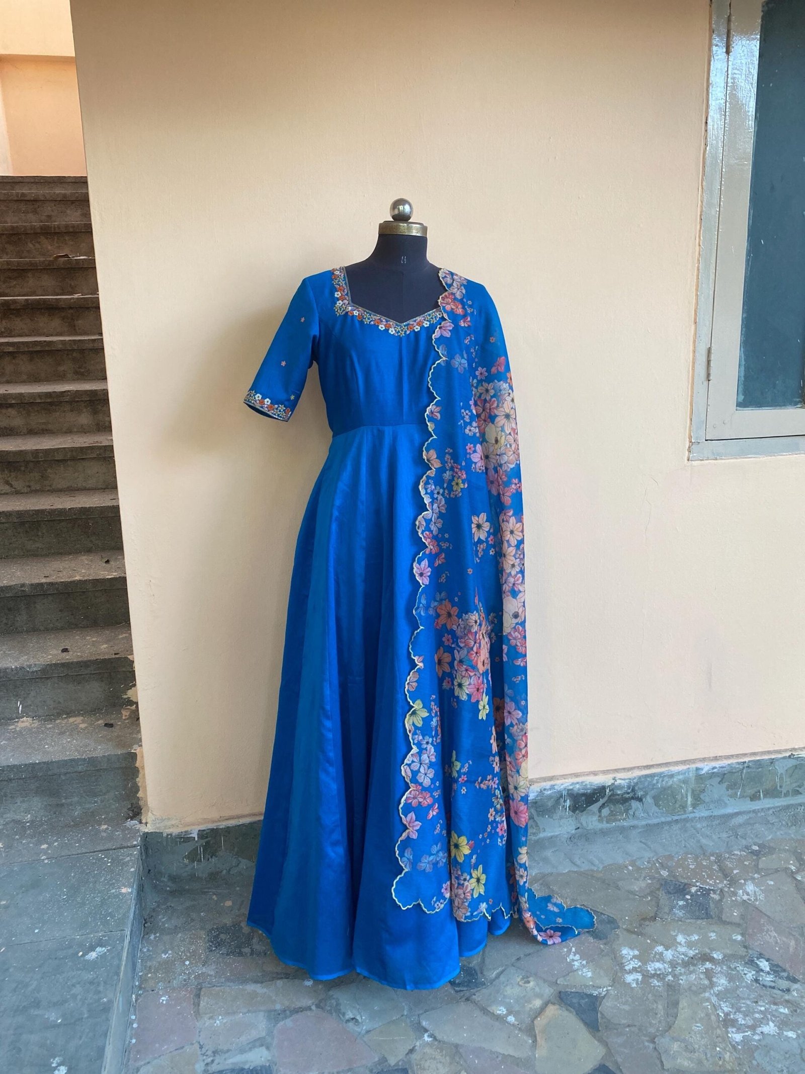 Anarkali with floral dupatta/blue anarkali suit set/anarkali dupatta USA/blue floral embroidery dupatta/ Indian dresses/blue floral anarkali