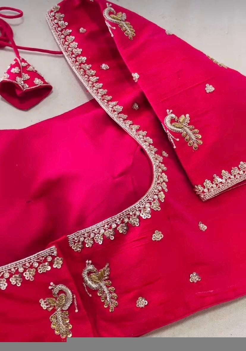 Pink pure silk hand embroidery blouse/readymade maggam blouse/pink saree blouse/ hand embroidered blouse /ready made handmade blouse zardosi