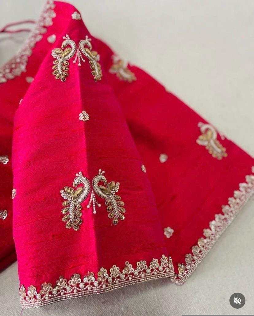 Pink pure silk hand embroidery blouse/readymade maggam blouse/pink saree blouse/ hand embroidered blouse /ready made handmade blouse zardosi
