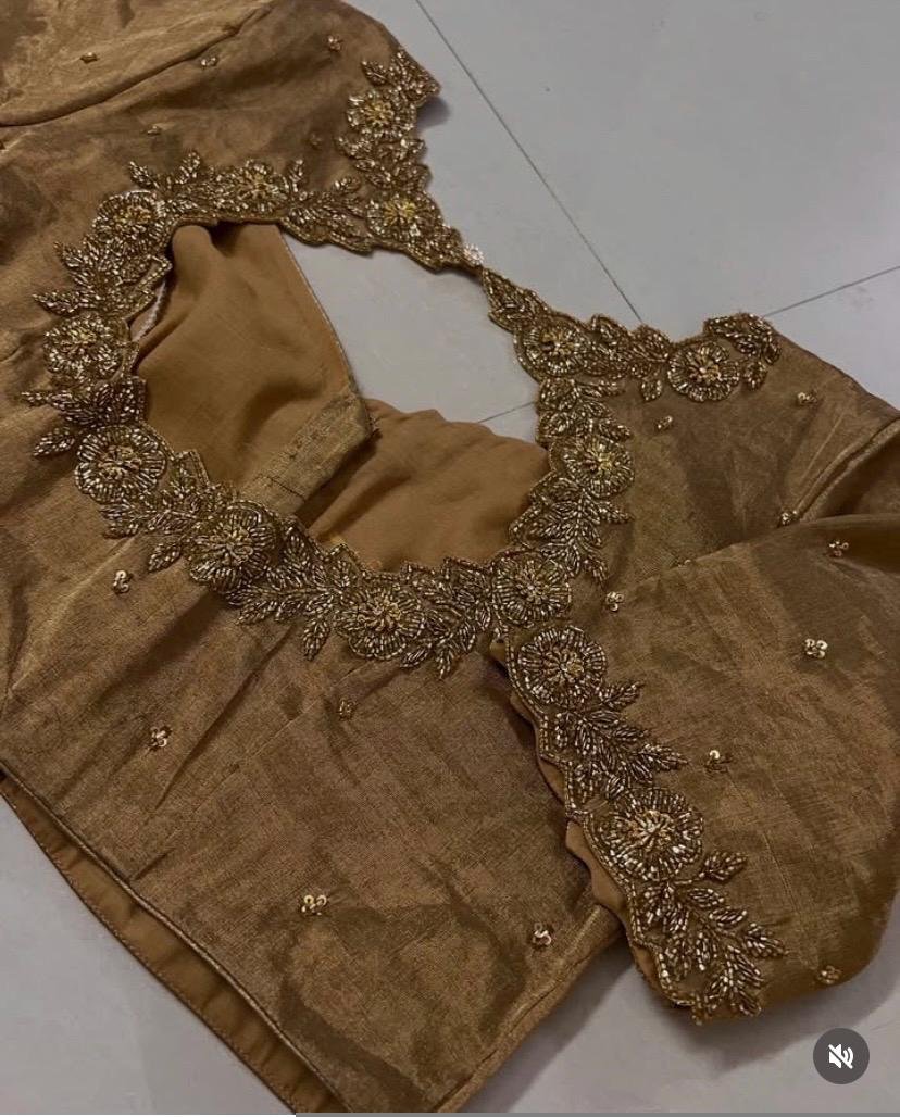 pure silk gold hand work blouse /gold stripes maggam blouse /pure tissue silk zardosi blouse / hand embroidered blouse /ready made blouse